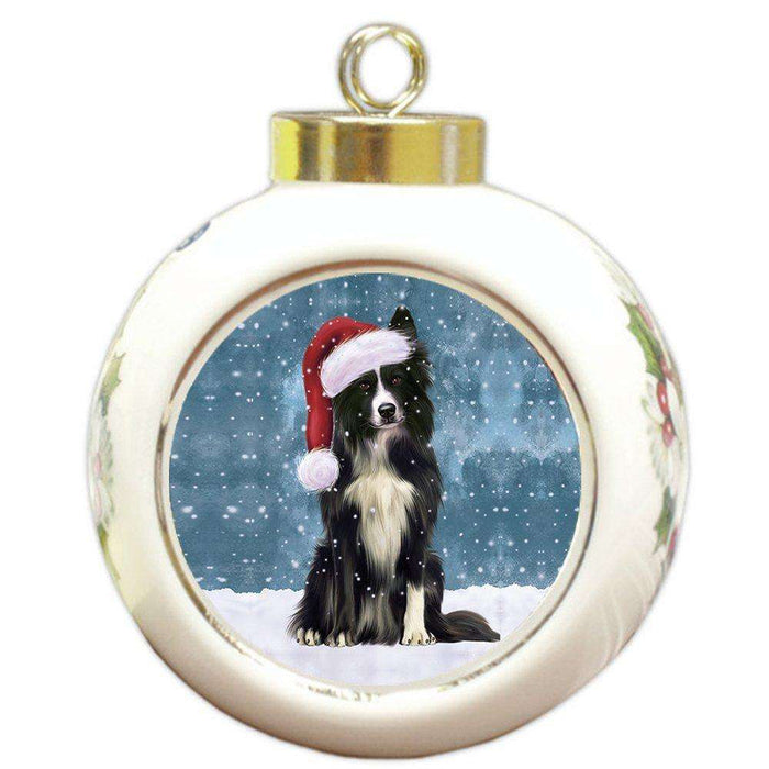Let it Snow Christmas Holiday Border Collie Dog Wearing Santa Hat Round Ball Ornament D263
