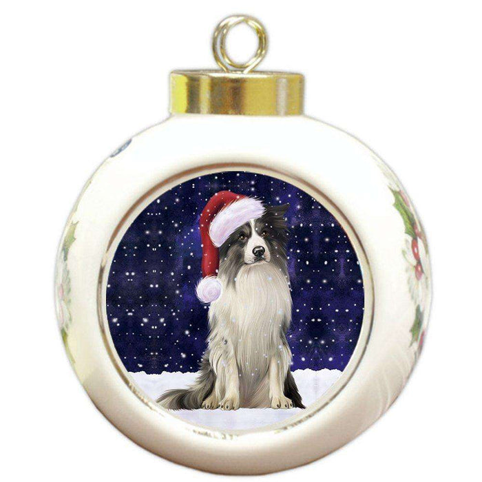 Let it Snow Christmas Holiday Border Collie Dog Wearing Santa Hat Round Ball Ornament D264