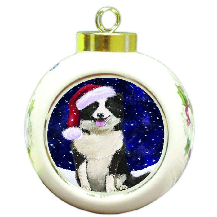 Let it Snow Christmas Holiday Border Collie Dog Wearing Santa Hat Round Ball Ornament D323