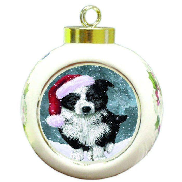 Let it Snow Christmas Holiday Border Collie Dog Wearing Santa Hat Round Ball Ornament D324