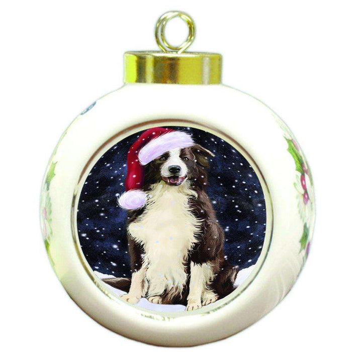 Let it Snow Christmas Holiday Border Collie Dog Wearing Santa Hat Round Ball Ornament D325