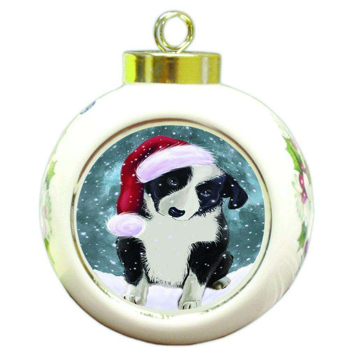 Let it Snow Christmas Holiday Border Collie Dog Wearing Santa Hat Round Ball Ornament D326