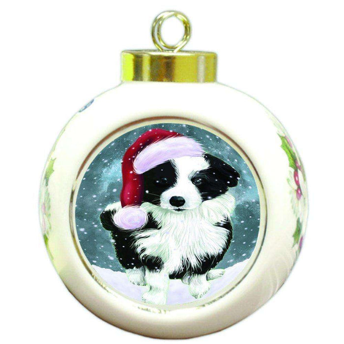 Let it Snow Christmas Holiday Border Collie Dog Wearing Santa Hat Round Ball Ornament D327