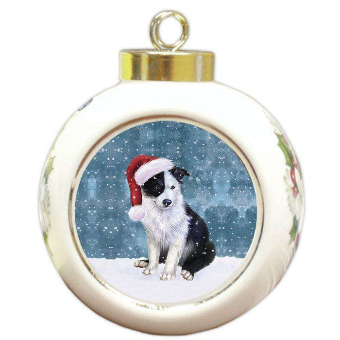 Let it Snow Christmas Holiday Border Collie Dog Wearing Santa Hat Round Ball Ornament