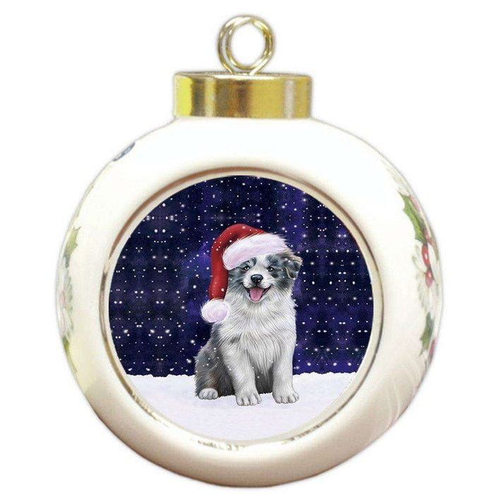 Let it Snow Christmas Holiday Border Collie Dog Wearing Santa Hat Round Ball Ornament