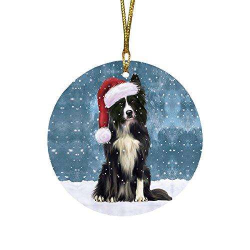 Let it Snow Christmas Holiday Border Collie Dog Wearing Santa Hat Round Ornament D263
