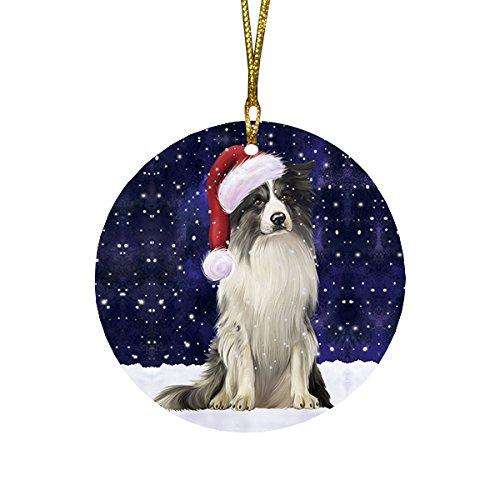 Let it Snow Christmas Holiday Border Collie Dog Wearing Santa Hat Round Ornament D264
