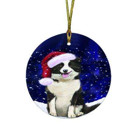 Let it Snow Christmas Holiday Border Collie Dog Wearing Santa Hat Round Ornament D323