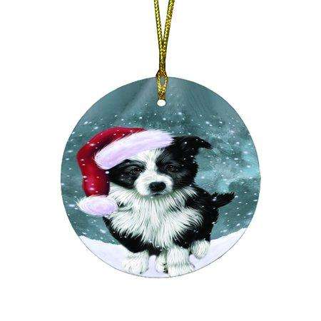 Let it Snow Christmas Holiday Border Collie Dog Wearing Santa Hat Round Ornament D324
