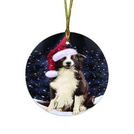Let it Snow Christmas Holiday Border Collie Dog Wearing Santa Hat Round Ornament D325