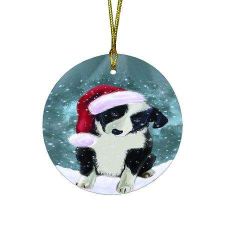 Let it Snow Christmas Holiday Border Collie Dog Wearing Santa Hat Round Ornament D326