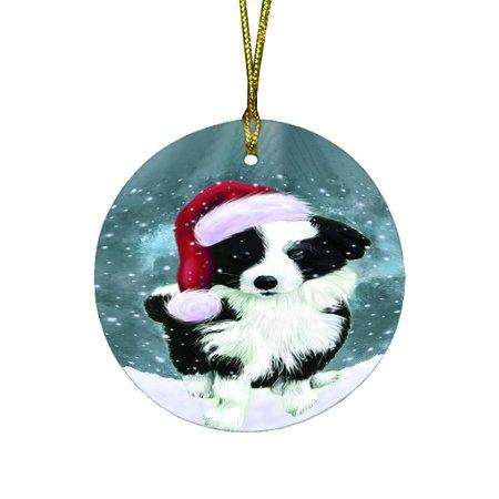 Let it Snow Christmas Holiday Border Collie Dog Wearing Santa Hat Round Ornament D327