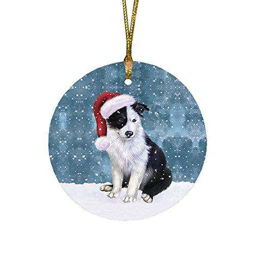 Let it Snow Christmas Holiday Border Collie Dog Wearing Santa Hat Round Ornament
