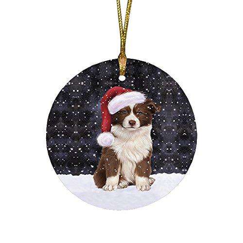 Let it Snow Christmas Holiday Border Collie Dog Wearing Santa Hat Round Ornament
