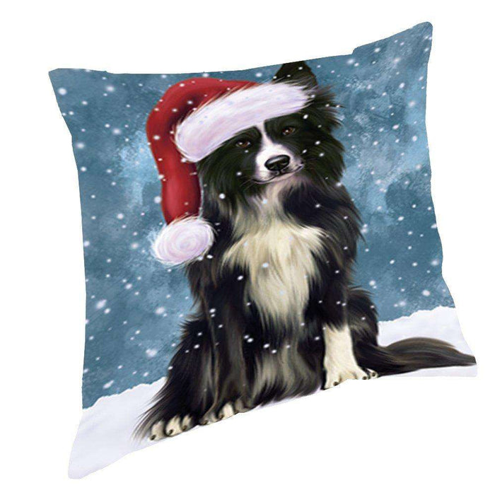 Let it Snow Christmas Holiday Border Collie Dog Wearing Santa Hat Throw Pillow D421