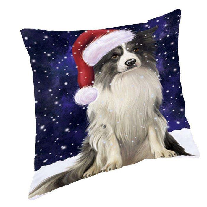 Let it Snow Christmas Holiday Border Collie Dog Wearing Santa Hat Throw Pillow D422