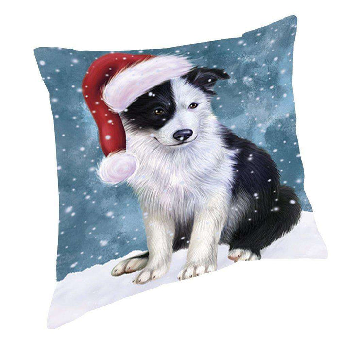 Let it Snow Christmas Holiday Border Collie Dog Wearing Santa Hat Throw Pillow