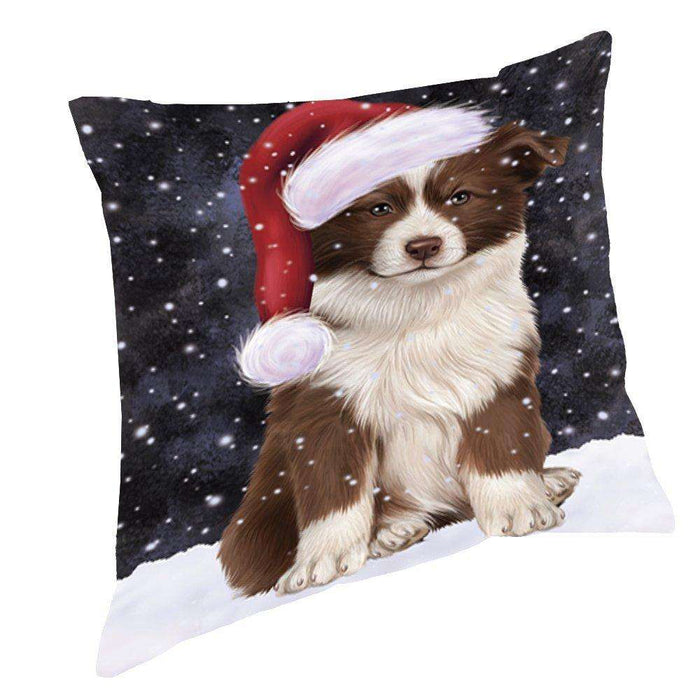 Let it Snow Christmas Holiday Border Collie Dog Wearing Santa Hat Throw Pillow