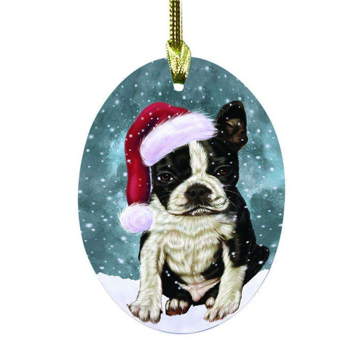 Let it Snow Christmas Holiday Boston Terrier Dog Oval Glass Christmas Ornament OGOR48481