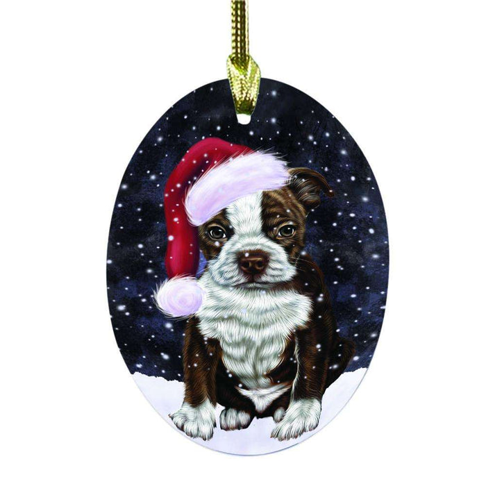 Let it Snow Christmas Holiday Boston Terrier Dog Oval Glass Christmas Ornament OGOR48482