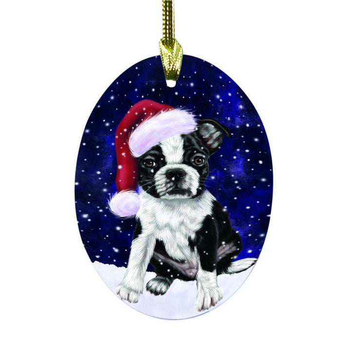 Let it Snow Christmas Holiday Boston Terrier Dog Oval Glass Christmas Ornament OGOR48483