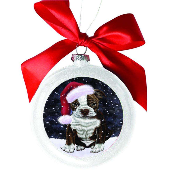 Let it Snow Christmas Holiday Boston Terrier Dog White Round Ball Christmas Ornament WBSOR48482