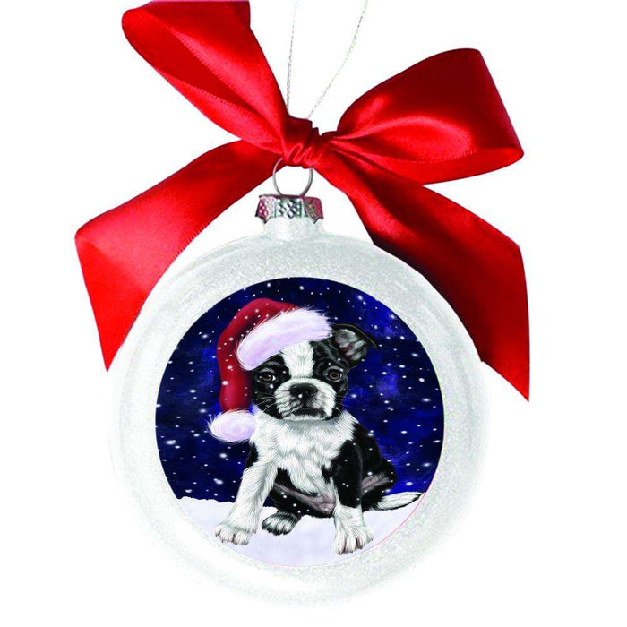 Let it Snow Christmas Holiday Boston Terrier Dog White Round Ball Christmas Ornament WBSOR48483
