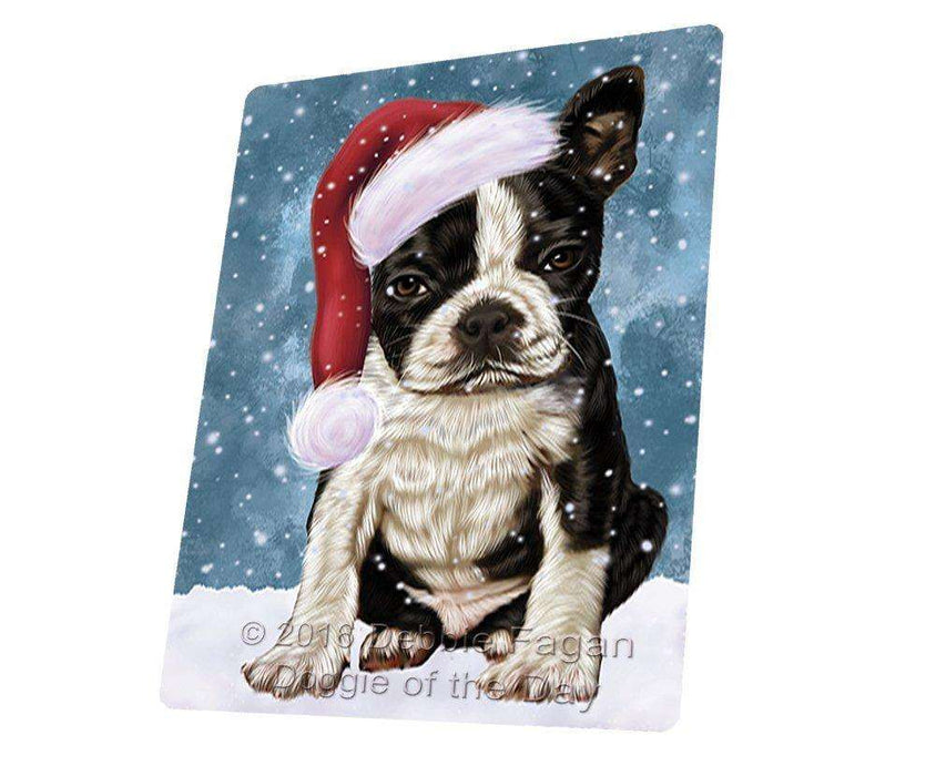 Let it Snow Christmas Holiday Boston Terriers Dog Wearing Santa Hat Art Portrait Print Woven Throw Sherpa Plush Fleece Blanket