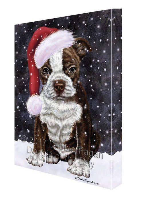 Let it Snow Christmas Holiday Boston Terriers Dog Wearing Santa Hat Canvas Wall Art