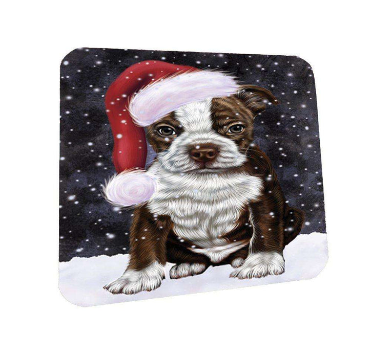 Let it Snow Christmas Holiday Boston Terriers Dog Wearing Santa Hat Coasters Set of 4