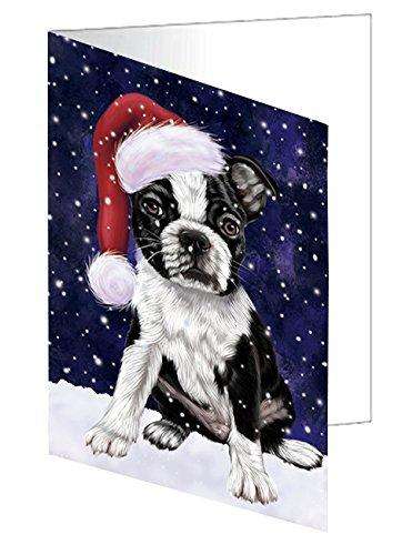 Let it Snow Christmas Holiday Boston Terriers Dog Wearing Santa Hat Handmade Artwork Assorted Pets Greeting Cards and Note Cards with Envelopes for All Occasions and Holiday Seasons