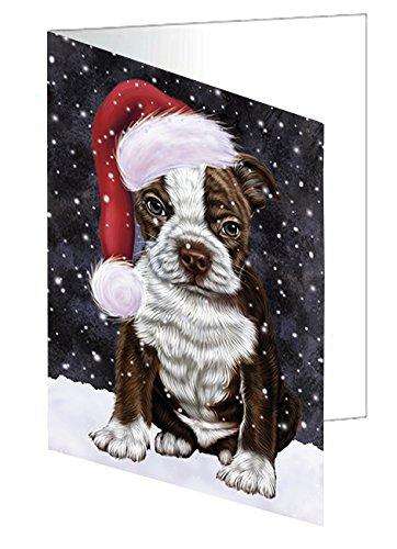 Let it Snow Christmas Holiday Boston Terriers Dog Wearing Santa Hat Handmade Artwork Assorted Pets Greeting Cards and Note Cards with Envelopes for All Occasions and Holiday Seasons