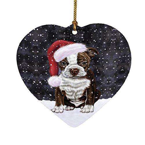 Let it Snow Christmas Holiday Boston Terriers Dog Wearing Santa Hat Heart Ornament
