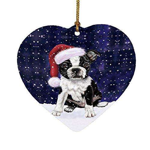 Let it Snow Christmas Holiday Boston Terriers Dog Wearing Santa Hat Heart Ornament