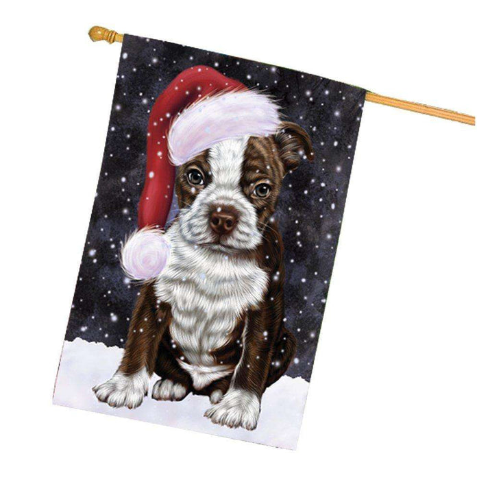 Let it Snow Christmas Holiday Boston Terriers Dog Wearing Santa Hat House Flag