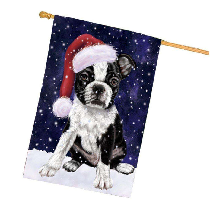 Let it Snow Christmas Holiday Boston Terriers Dog Wearing Santa Hat House Flag