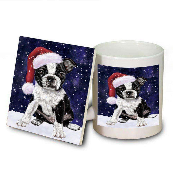 Let it Snow Christmas Holiday Boston Terriers Dog Wearing Santa Hat Mug and Coaster Set