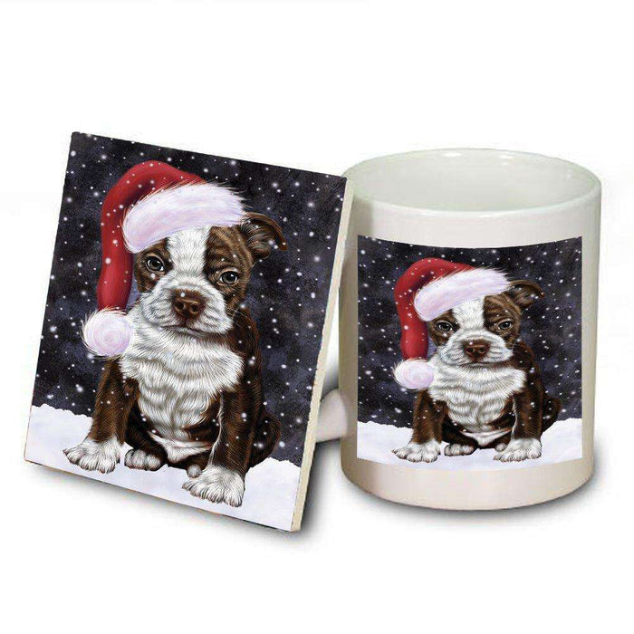 Let it Snow Christmas Holiday Boston Terriers Dog Wearing Santa Hat Mug and Coaster Set