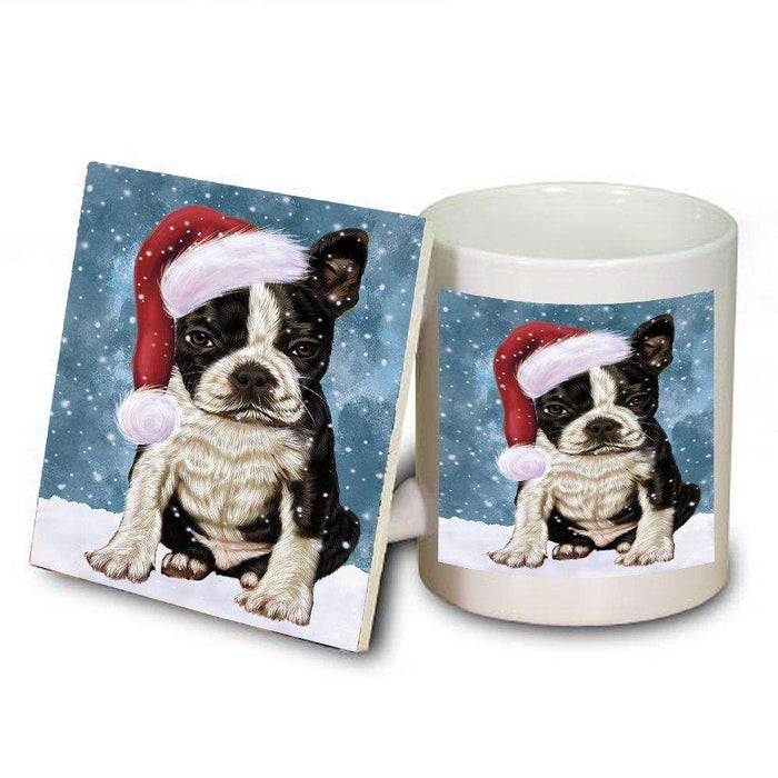 Let it Snow Christmas Holiday Boston Terriers Dog Wearing Santa Hat Mug and Coaster Set