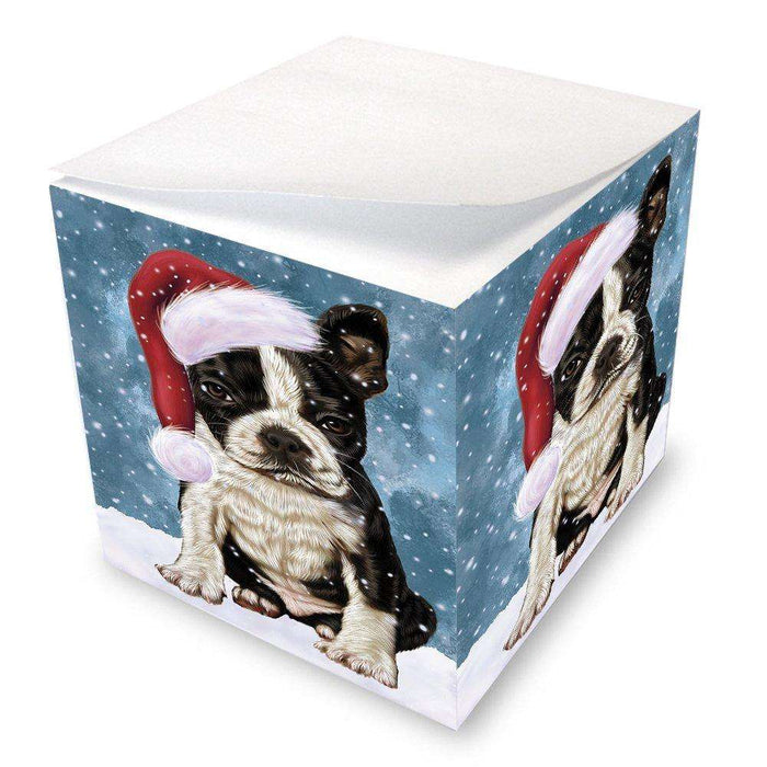 Let it Snow Christmas Holiday Boston Terriers Dog Wearing Santa Hat Note Cube D272