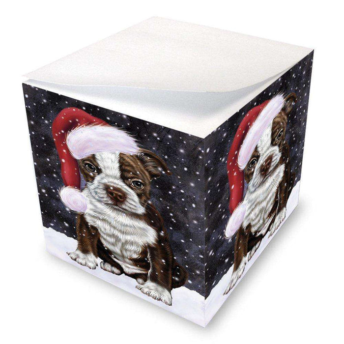 Let it Snow Christmas Holiday Boston Terriers Dog Wearing Santa Hat Note Cube D273