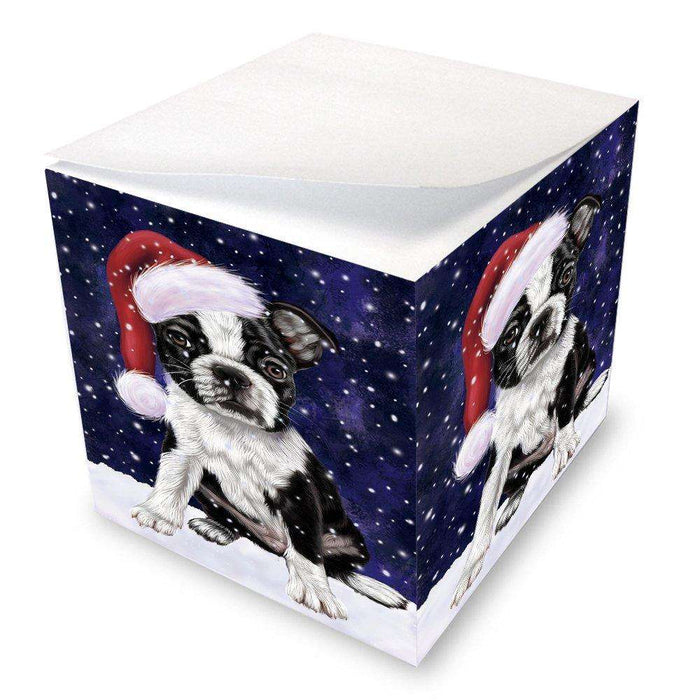 Let it Snow Christmas Holiday Boston Terriers Dog Wearing Santa Hat Note Cube D274