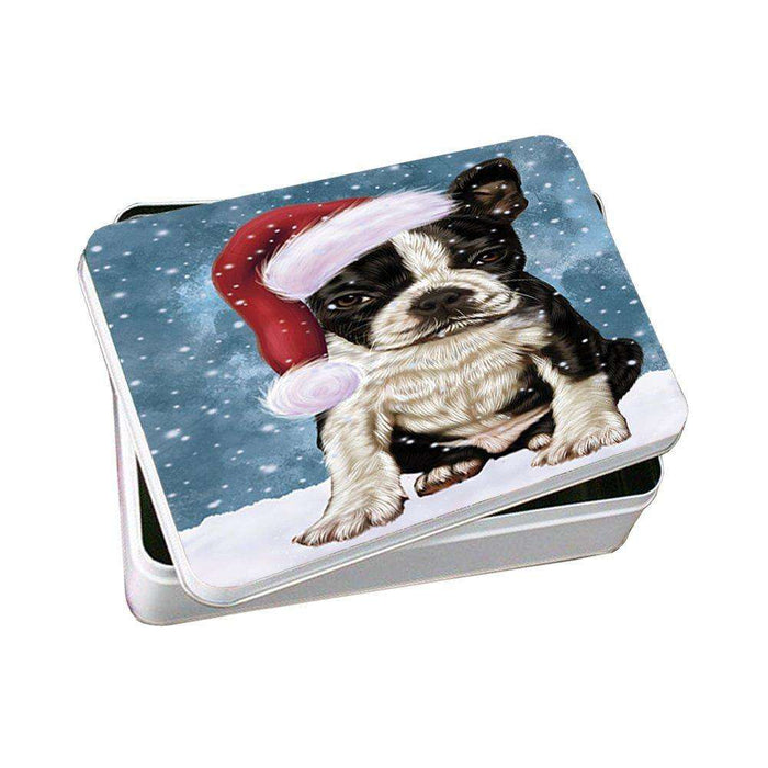 Let it Snow Christmas Holiday Boston Terriers Dog Wearing Santa Hat Photo Storage Tin