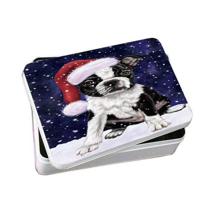 Let it Snow Christmas Holiday Boston Terriers Dog Wearing Santa Hat Photo Storage Tin