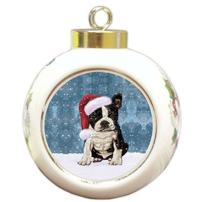 Let it Snow Christmas Holiday Boston Terriers Dog Wearing Santa Hat Round Ball Ornament