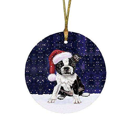 Let it Snow Christmas Holiday Boston Terriers Dog Wearing Santa Hat Round Ornament