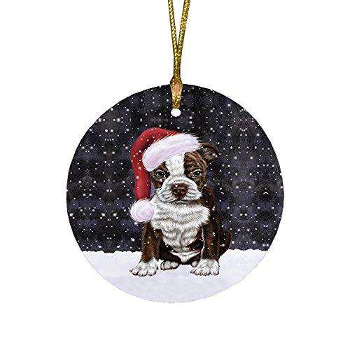Let it Snow Christmas Holiday Boston Terriers Dog Wearing Santa Hat Round Ornament