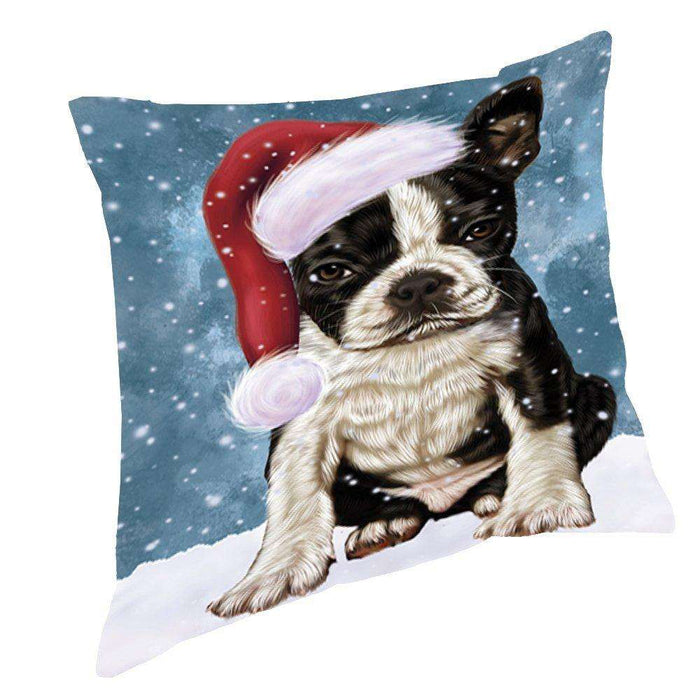 Let it Snow Christmas Holiday Boston Terriers Dog Wearing Santa Hat Throw Pillow