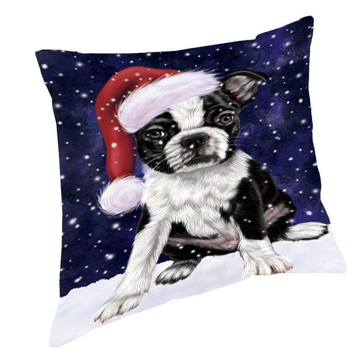Let it Snow Christmas Holiday Boston Terriers Dog Wearing Santa Hat Throw Pillow