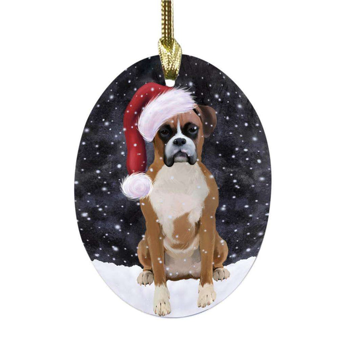 Let it Snow Christmas Holiday Boxer Dog Oval Glass Christmas Ornament OGOR48486